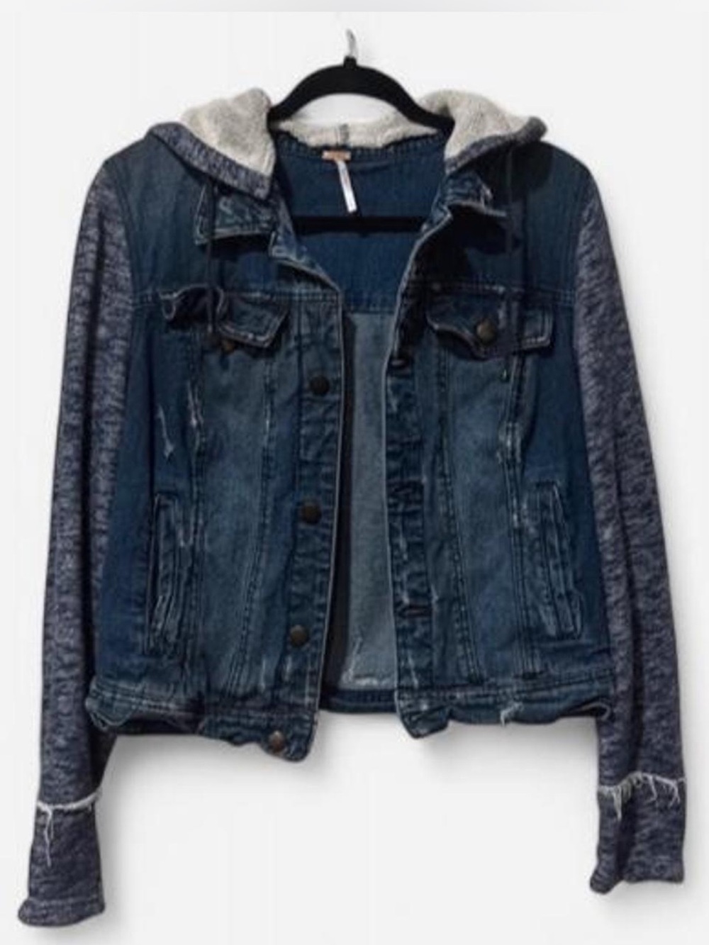 Free People Indigo Denim Jacket with Knit Hood & Sleeves